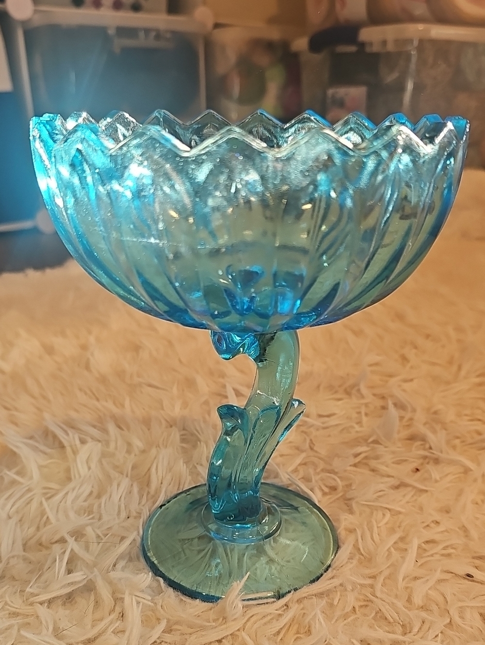 Vintage Indiana Glass Blue Pedestal Dessert Bowl